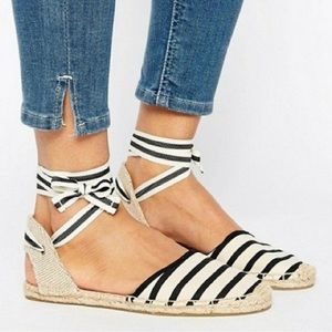 Soludos Black and Cream Striped Ankle Tie Espadrilles Flats